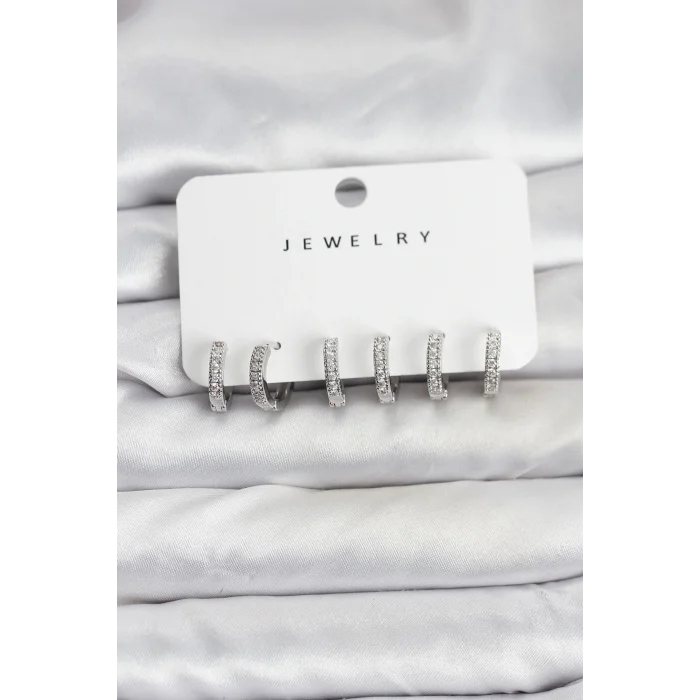 Gümüş Renk Pirinç Zirkon Taşlı Halka Kadın Küpe Seti