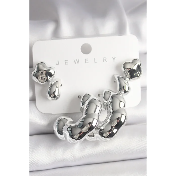 Gümüş Renk Yonca Damla Halka Model CCB Plastik Kadın Küpe Seti