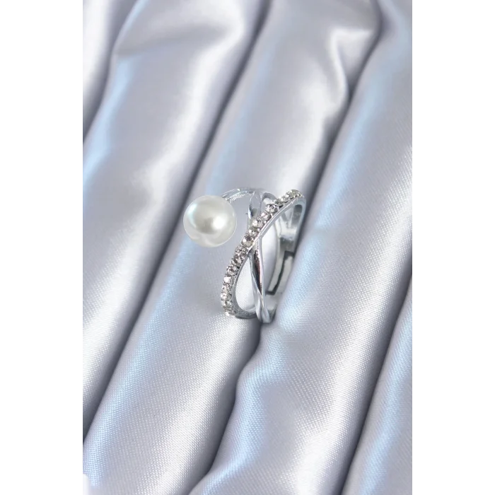 Gümüş Renk Zirkon Taşlı İncili Kadın Yüzük