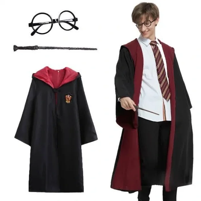 Harry Potter Gryffindor Kapişonlu Çocuk Kostüm + Asa + Gözlük Seti 5-6 Yaş (5047)