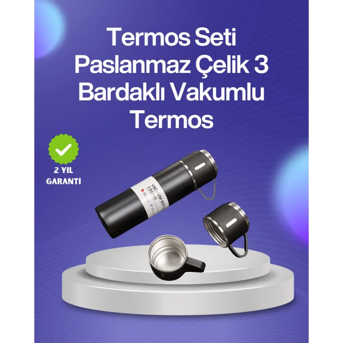 Isıyı Uzun Süre Koruyan 500 ml Termos Seti | Çelik Gövde, 2 Bardaklı, Hediye Kutulu
