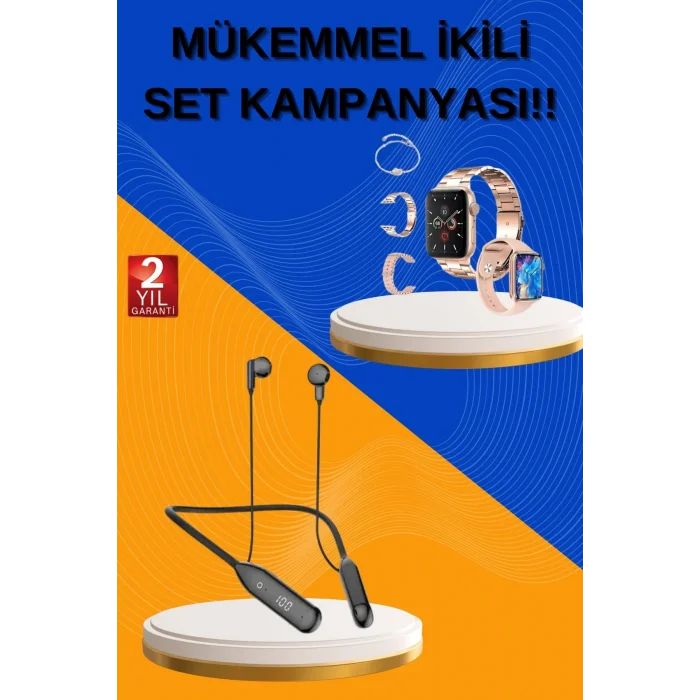 Kablolu Bluetooth Kulaklık ve Kadınlara Özel Bileklik Hediyeli Yeni Nesil Akıllı Saat 3 Kordonlu