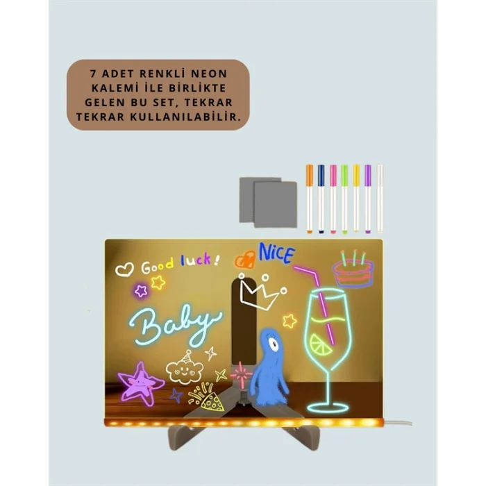 LED Aydınlatmalı Şeffaf Mesaj Tahtası – 30x20 cm, Neon Etkili Yazılar İçin Tasarlandı