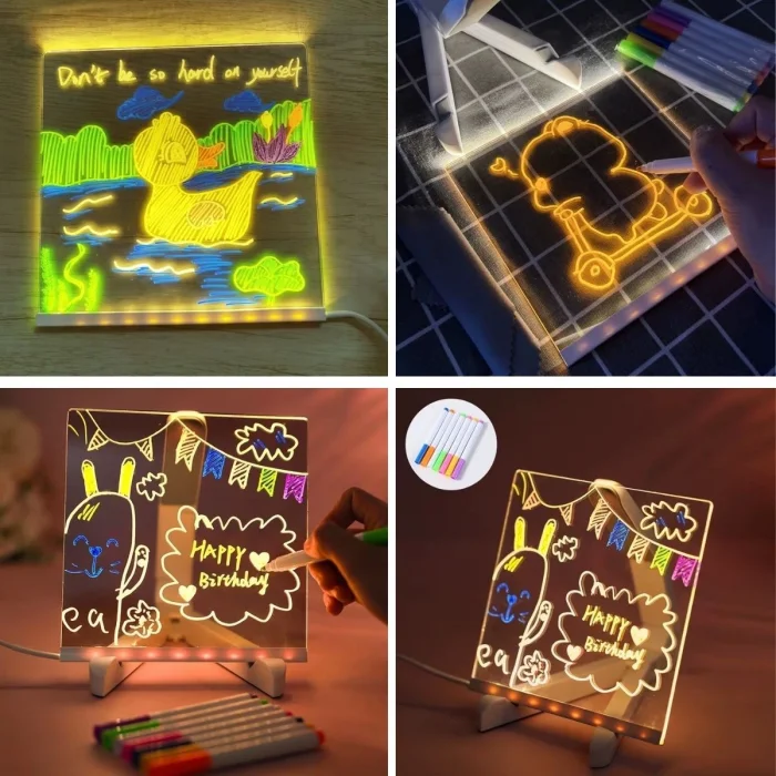 LED Işıklı Kendiliğinden Renkli Fosforlu Kalemli Kare Yazı Panosu 20x20 cm (5047)