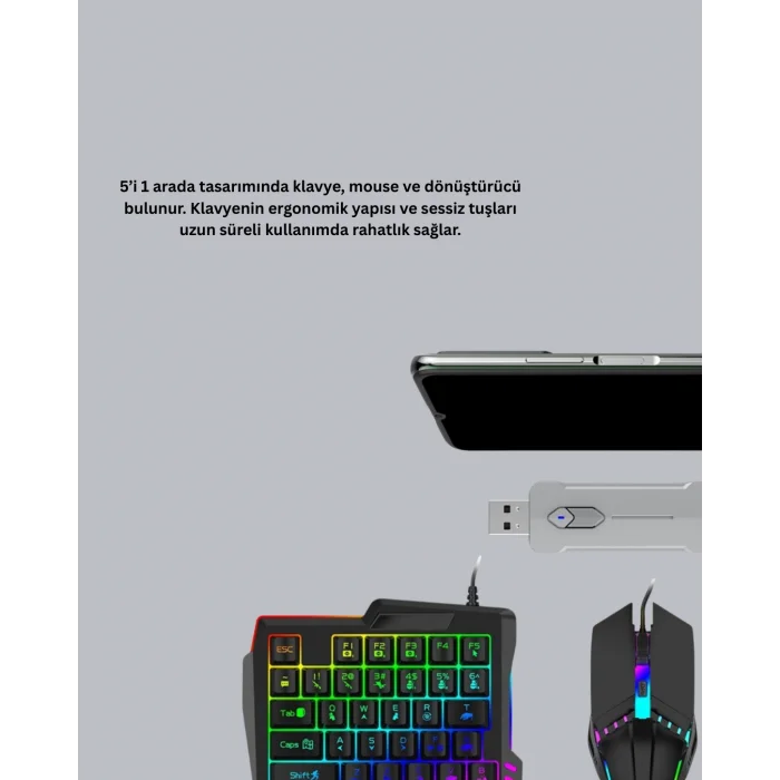 Mobil Gaming Set Klavye + Mouse + Dönüştürücü 5’li Paket Yüksek DPI Bluetooth