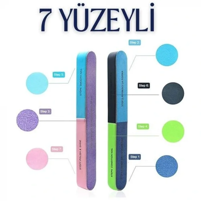 7 Yüzeyli Tırnak Törpü ve Parlatma Blok Sünger Renkli, Ergonomik ve Profesyonel Manikür İçin