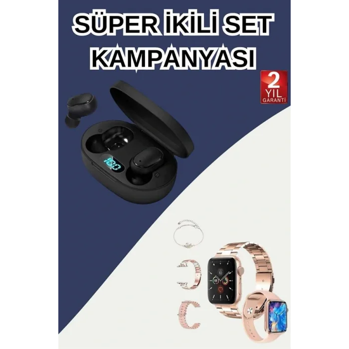 Nabız Ölçer Hediye Bileklikli Akıllı Saat ve Dijital Göstergeli Bluetooth Kulaklık Çoklu Şarj Girişi