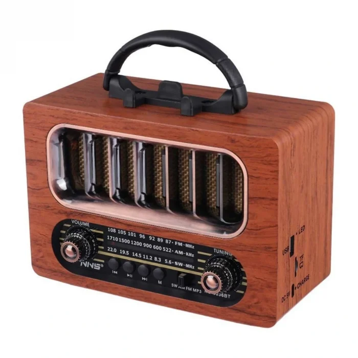 Orta Boy Retro Ahşap Tasarım Bluetooth Hoparlörlü Radyo – FM/AM Destekli, Şarjlı ve Taşınabiliri Radyo NS-6636 (5047)
