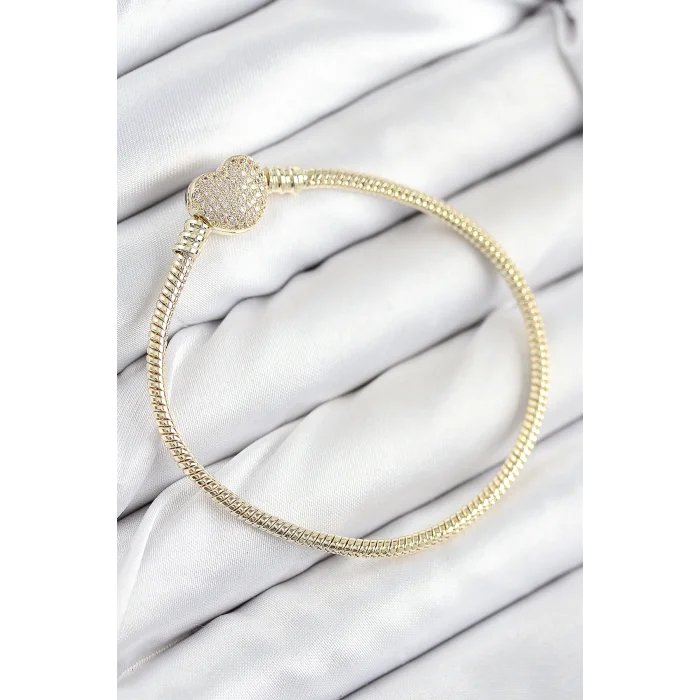 Pirinç Charm Zirkon Taşlı Kalp Model Gold Renk Kadın Bileklik