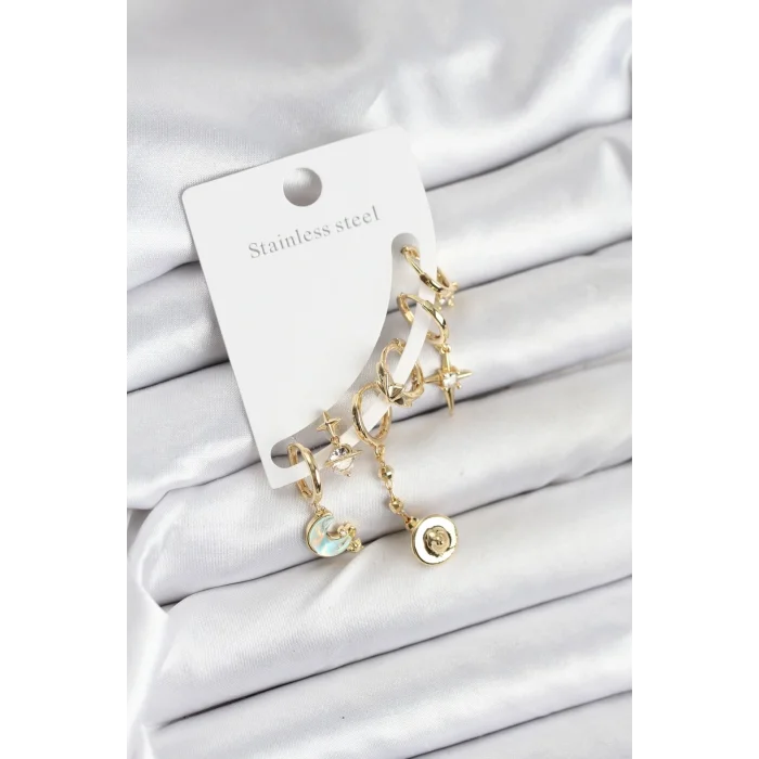 Pirinç Gold Renk Ay Model Kadın Set Küpe