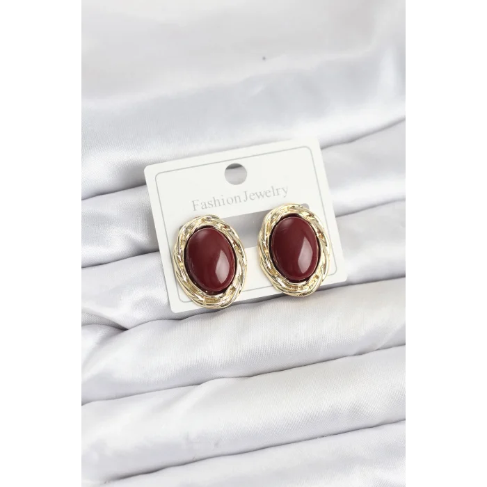 Pirinç Gold Renk Bordo Model Vintage Kadın Küpe