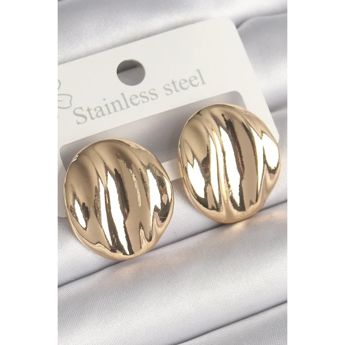 Pirinç Gold Renk İşlemeli Daire Plaka Model Kadın Küpe