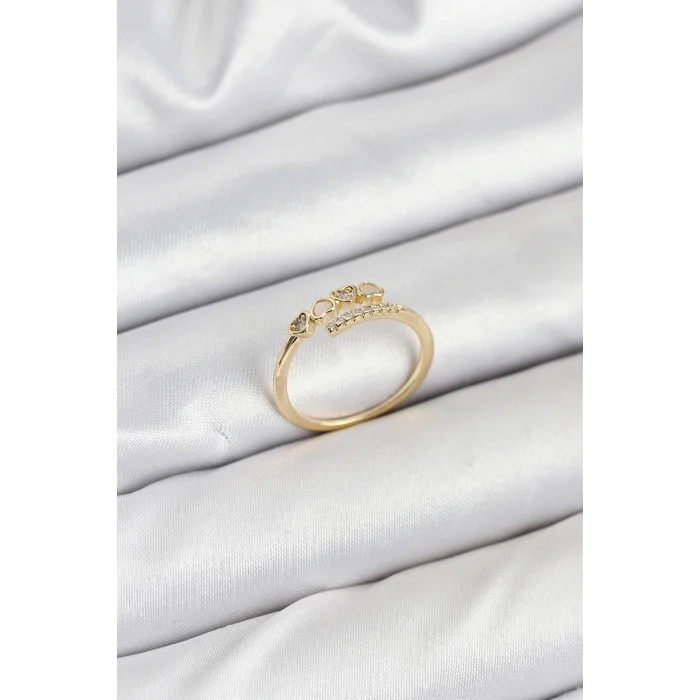 Pirinç Gold Renk Kalpli Detaylı Zirkon Taşlı Kadın Yüzük