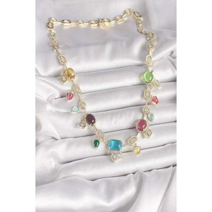 Pirinç Gold Renk Renli Zirkon Taşlı VIP Seri Kadın Kolye