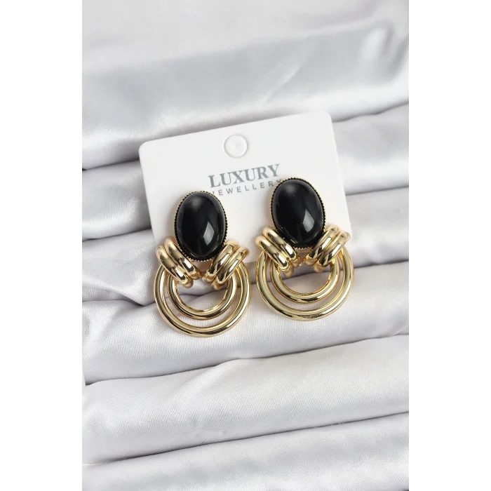 Pirinç Gold Renk Siyah Taşlı Vintage Kadın Küpe