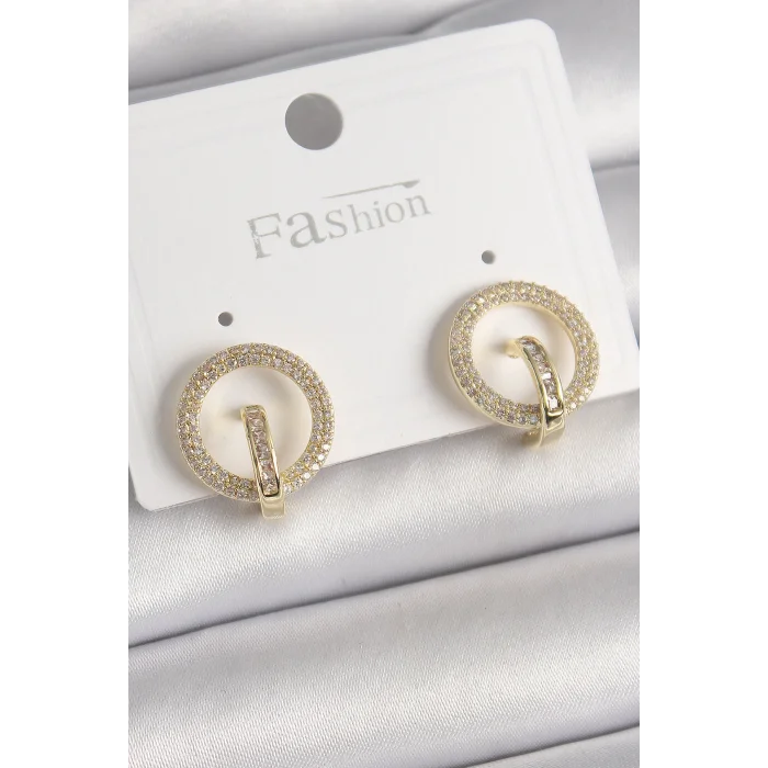 Pirinç Gold Renk Zirkon Taşlı Halka Model Kadın Küpe