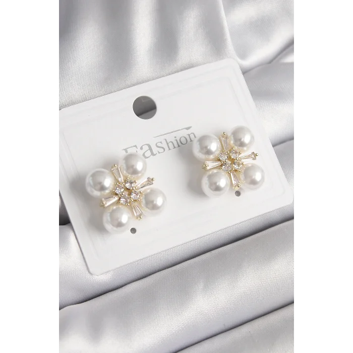 Pirinç Gold Renk Zirkon Taşlı İncili Kadın Küpe