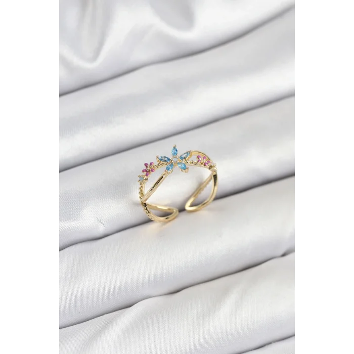 Pirinç Gold Renk Zirkon Taşlı Mavi Çiçekli Kadın Yüzük