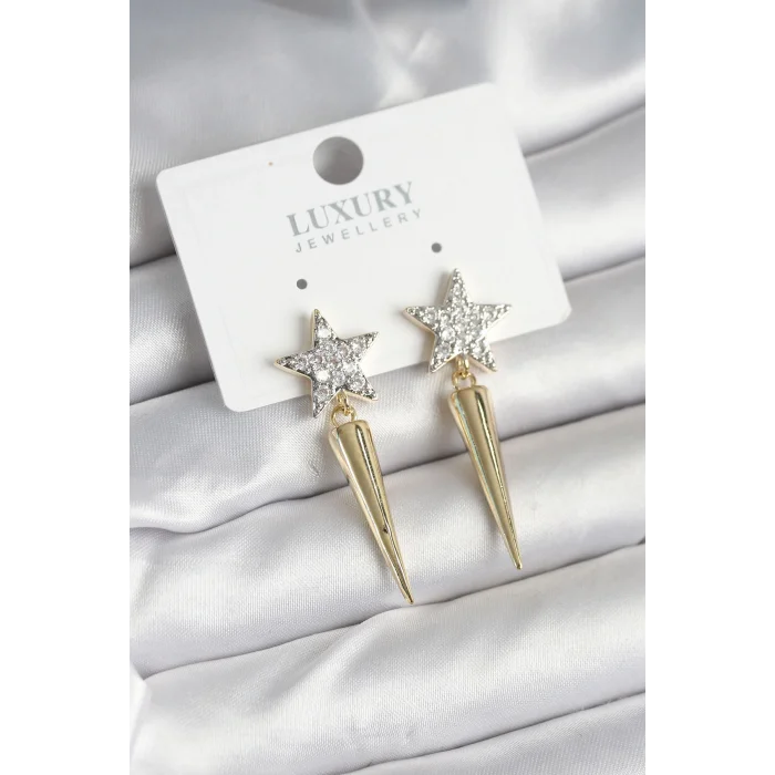 Pirinç Gold Renk Zirkon Taşlı Yıldız Model Çivi Kadın Küpe