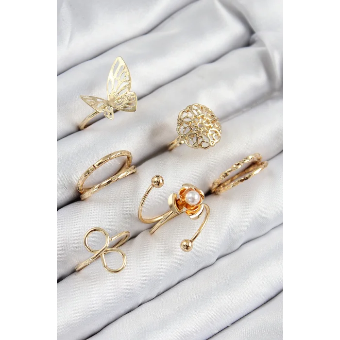 Pirinç Gül Kelebek Model Gümüş Renk Kadın Yüzük Kombin Set