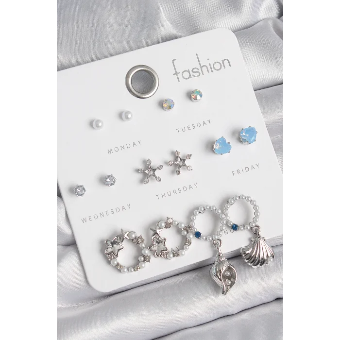 Pirinç Gümüş Renk İncli Zirkon Taşlı Halka Figür Yıldız Detay 7 Çift Kadın Küpe Seti