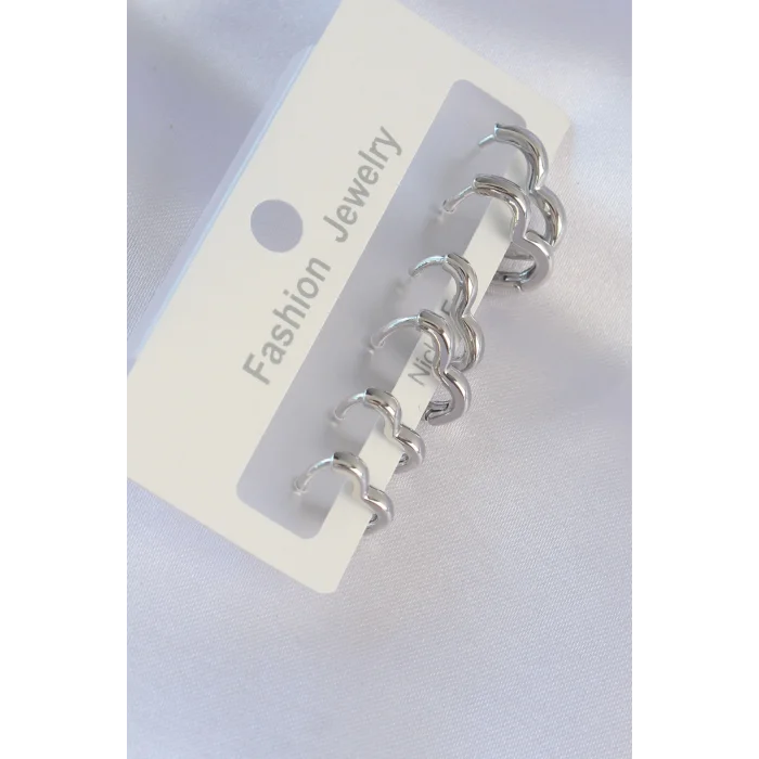 Pirinç Gümüş Renk Kalp Model Küpe Seti