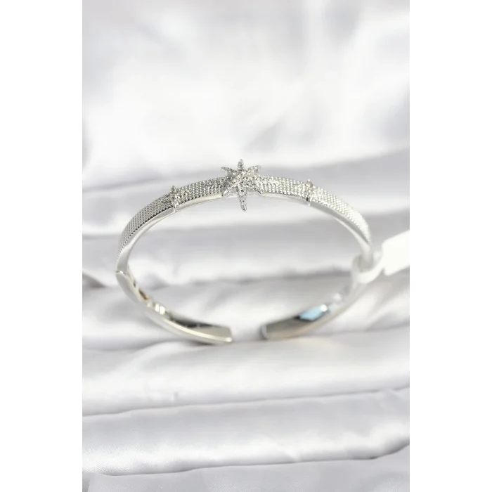 Pirinç Gümüş Renk Kutup Yıldızı Model Kadın Kelepçe Bileklik