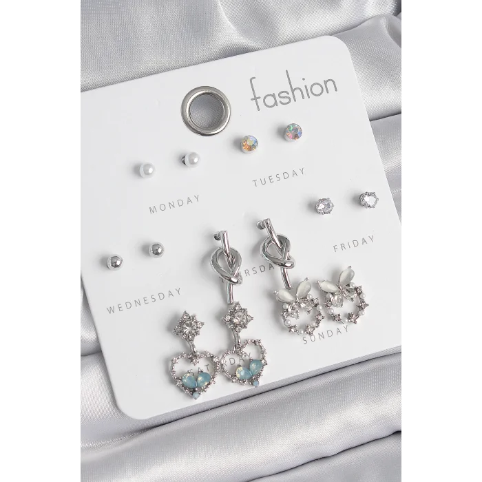 Pirinç Gümüş Renk Sallantı Zirkon Taşlı Kalp Model Düğüm Detay 7 Çift Kadın Küpe Seti