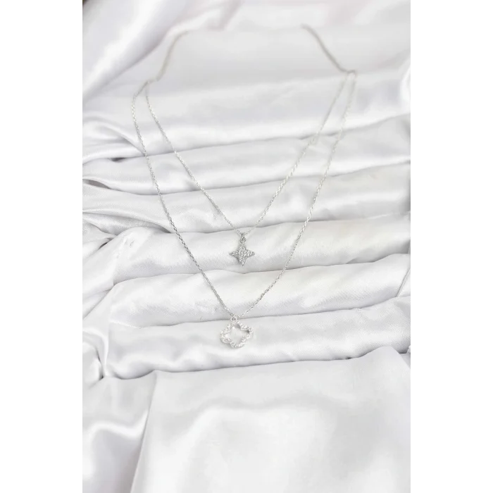 Pirinç Gümüş Renk Yonca Model 2li Kadın Kolye