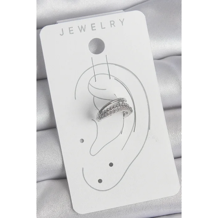 Pirinç Gümüş Renk Zirkon Taşlı 3Lü Sıralı Kadın Kıkırdak Küpe