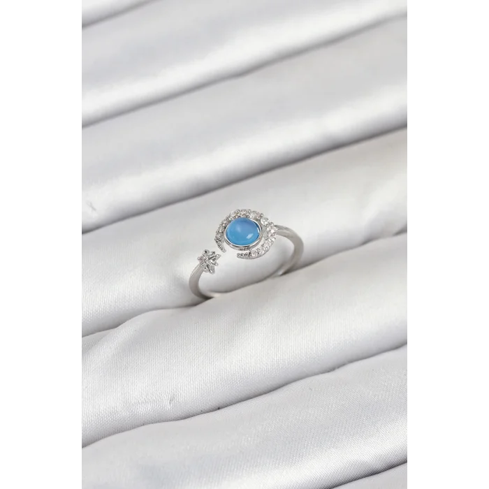 Pirinç Gümüş Renk Zirkon Taşlı Ay Yıldız Kadın Yüzük