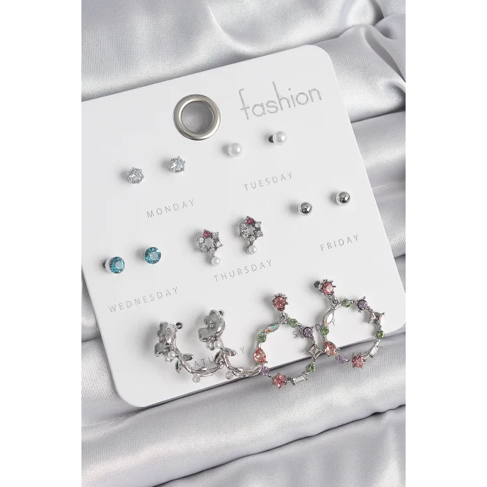 Pirinç Gümüş Renk Zirkon Taşlı Gül Figür Halka Model 7 Çift Kadın Küpe Seti