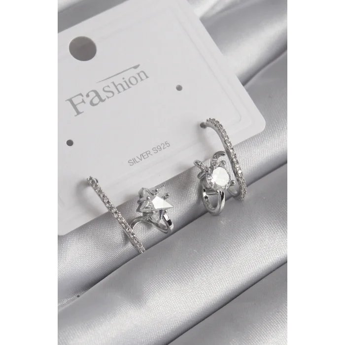 Pirinç Gümüş Renk Zirkon Taşlı Kadın Küpe