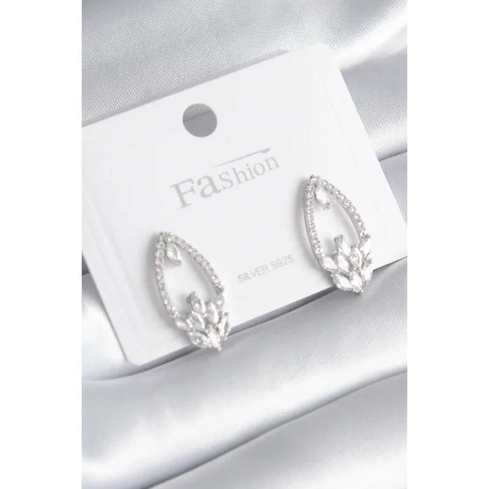 Pirinç Gümüş Renk Zirkon Taşlı Kadın Küpe