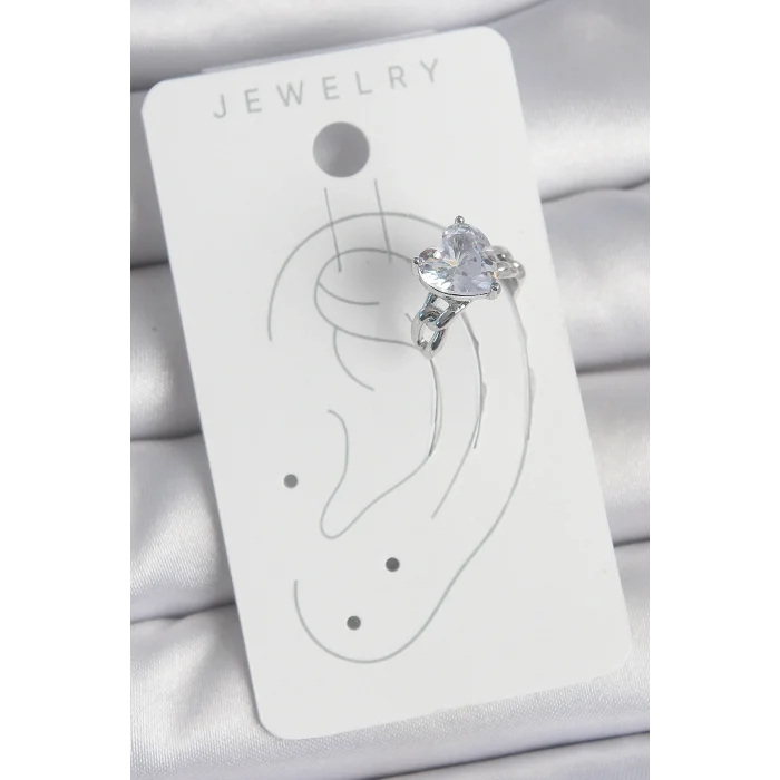 Pirinç Gümüş Renk Zirkon Taşlı Kalp Model Kadın Kıkırdak Küpe