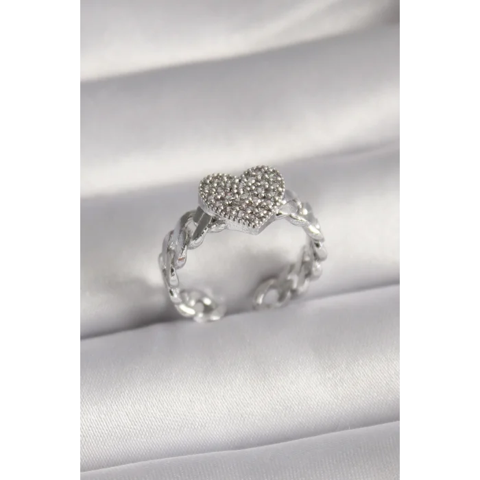 Pirinç Gümüş Renk Zirkon Taşlı Kalp Model Kadın Yüzük