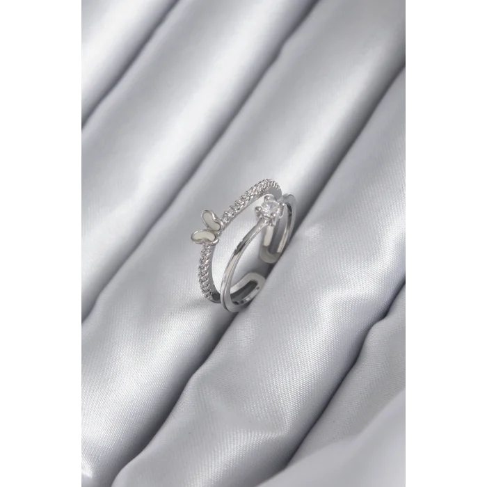 Pirinç Gümüş Renk Zirkon Taşlı Kelebek Model Kadın Yüzük