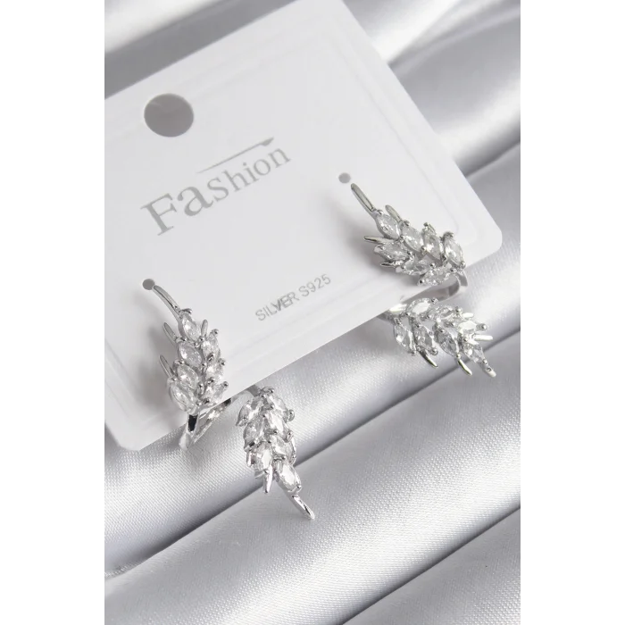 Pirinç Gümüş Renk Zirkon Taşlı Yaprak Model Kadın Küpe