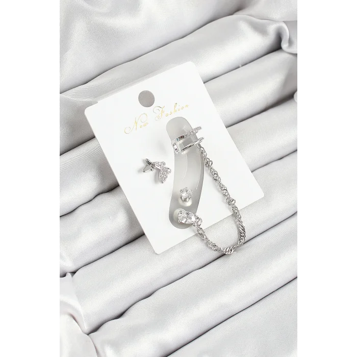 Pirinç Kelebek Figürlü Zirkon Taşlı Gümüş Renk 3lü Kıkırdak Kadın Küpe Set