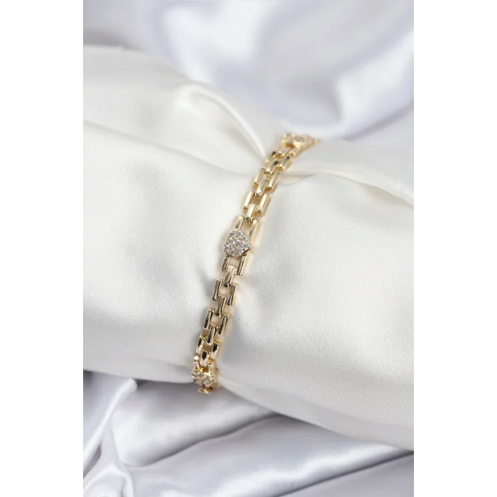 Pirinç VIP Seri Gold Renk Zincir Model Kalpli Zirkon Taşlı Kadın Bileklik