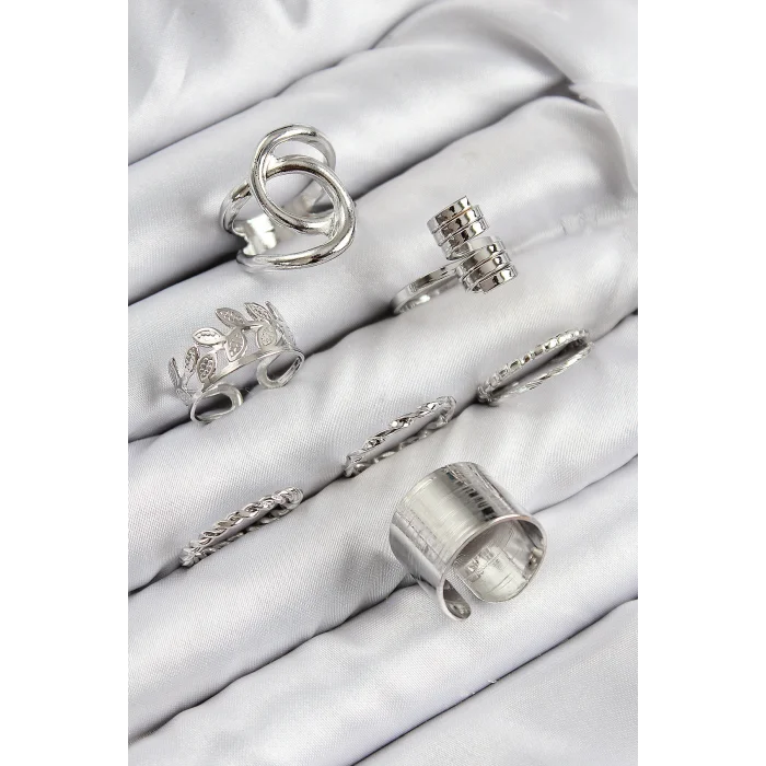 Pirinç Yaprak Model Gümüş Renk Kadın Yüzük Kombin Set