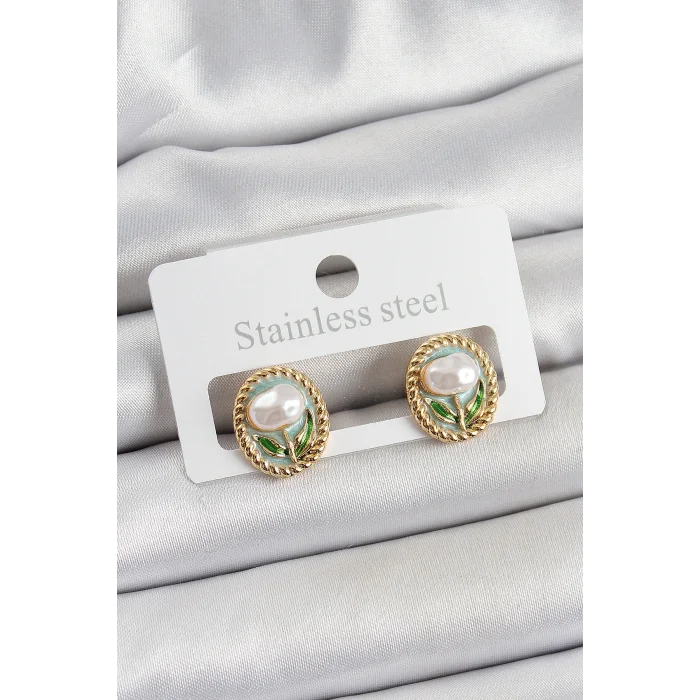 Pirinç Yeşil Mineli Lale Figürlü Sanatsal Portre Model Gold Renk Kadın Küpe