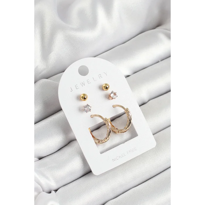 Pirinç Zirkon Taş Ve Halka Figürlü Gold Renk 3lü Çift Kadın Küpe Set