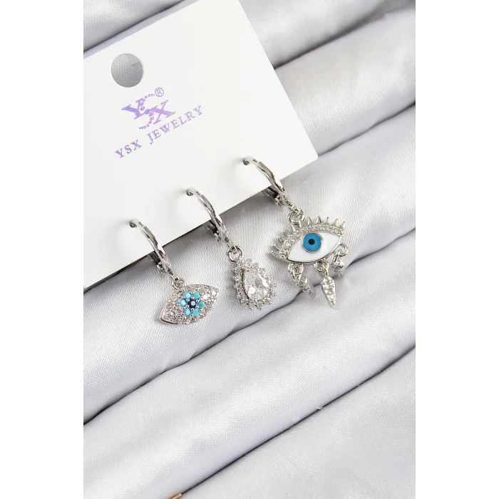 Pirinç Zirkon Taşlı 3lü Fatmanın Gözü Model Gümüş Renk Kadın Küpe