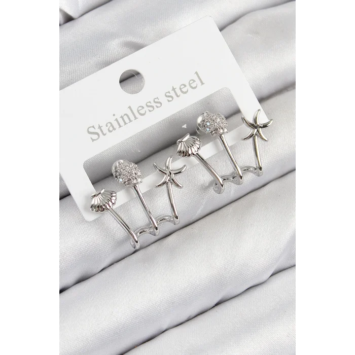 Pirinç Zirkon Taşlı Deniz Yıldızı ve İstiridye Model Gümüş Renk Kadın Küpe