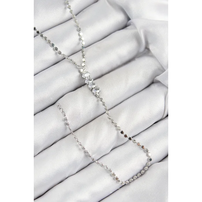 Pirinç Zirkon Taşlı Ezme Zincirli Model Gümüş Renk Y Kolye