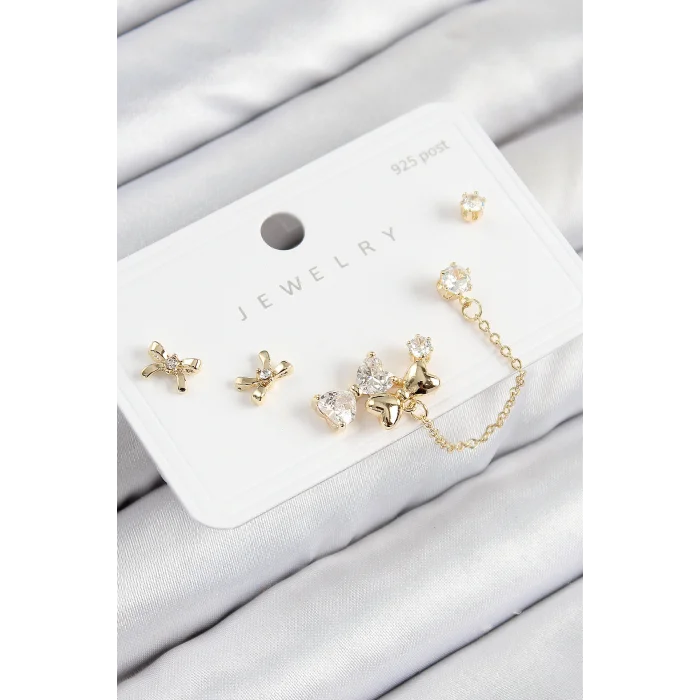 Pirinç Zirkon Taşlı Fiyonk Model Gold Renk 925 Ayar Gümüş Çivi Kadın Küpe Set