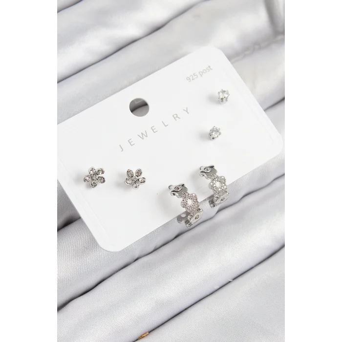 Pirinç Zirkon Taşlı Halka Model Gümüş Renk 925 Ayar Gümüş Çivi Kadın Küpe Set