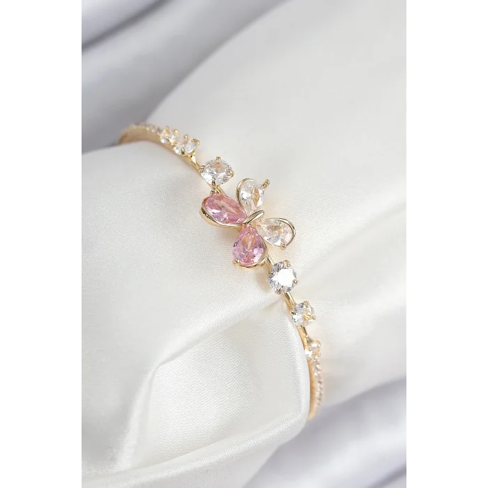 Pirinç Zirkon Taşlı Kelebek Model Gold Renk Kadın Bileklik