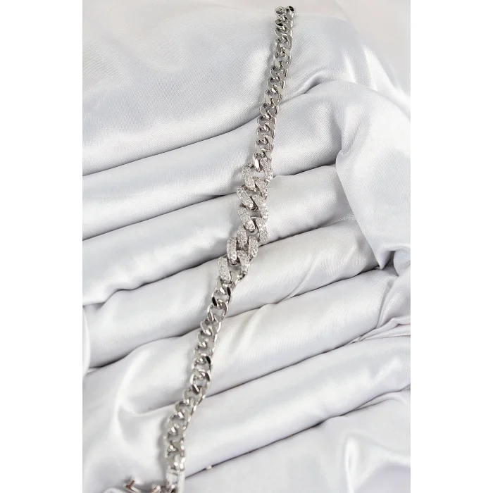 Pirinç Zirkon Taşlı Küba Zincir Model Gümüş Renk Kadın Bileklik